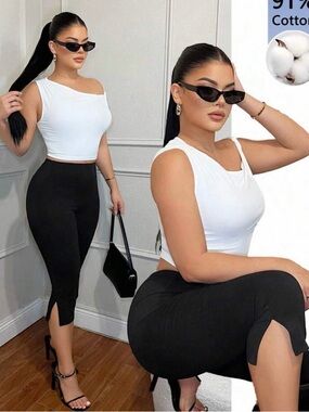 Fashion Nova Black High-Waist Capri Pants with Front Slits